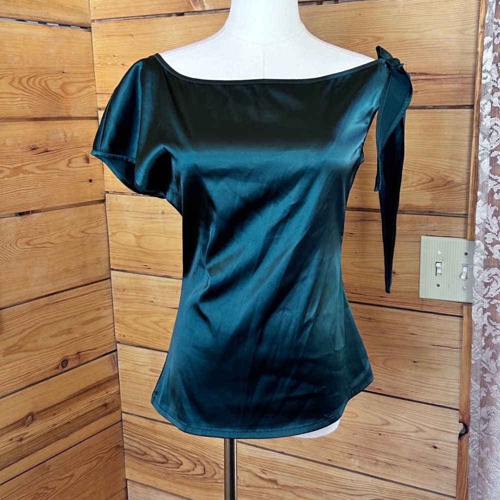 Satin Blouse Womens Extra Small Emerald‎ Green Asymmetric Shoulder Tie Vidussa